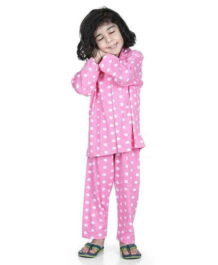 AJ Dezines Full Sleeves Polka Print Night Suit - Pink