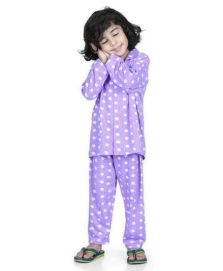 AJ Dezines Full Sleeves Polka Print Night Suit - Purple