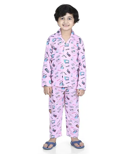 AJ Dezines Full Sleeve Printed Cotton Night Suit - Pink