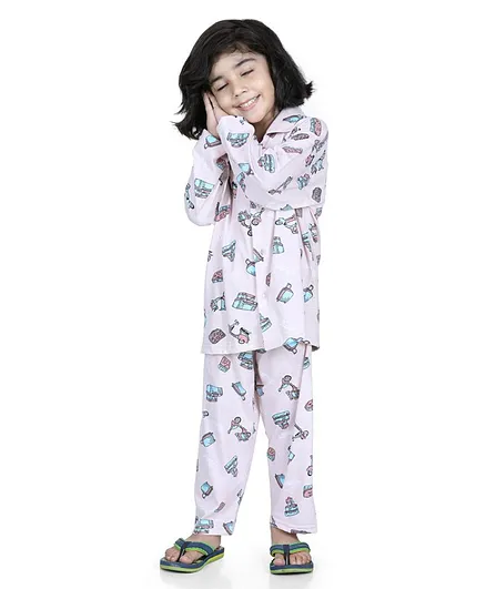 AJ Dezines Full Sleeve Printed Cotton Night Suit - Peach