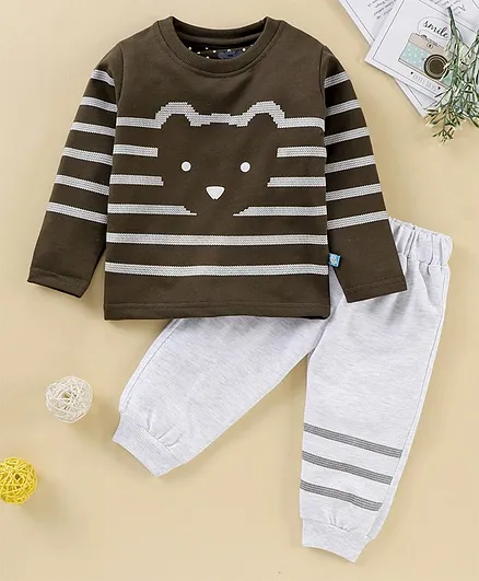 Mini Taurus Full Sleeves Tee and Lounge Pant Set Teddy Print - Green