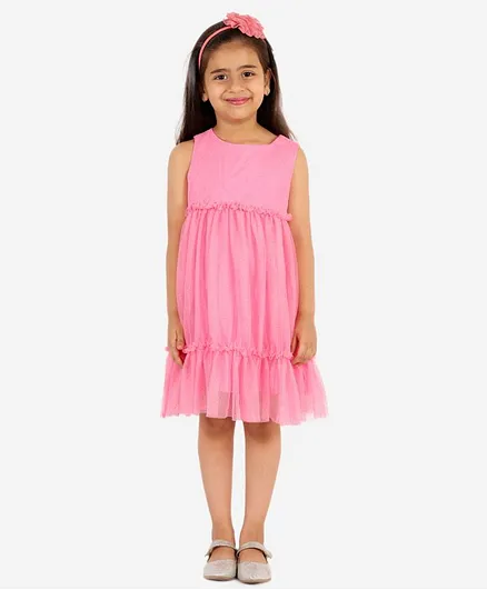 KIDSDEW Sleeveless Glittery Pleated Dress - Pink