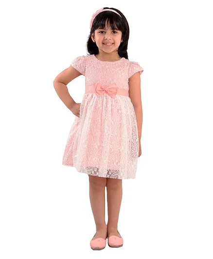 KIDSDEW Cap Sleeves Lace Detailing Dress - Peach