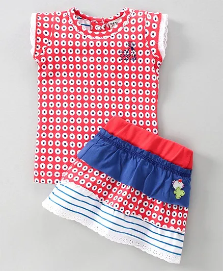 Buzzy Short Sleeves All Over Printed Top With Skirt - Red
