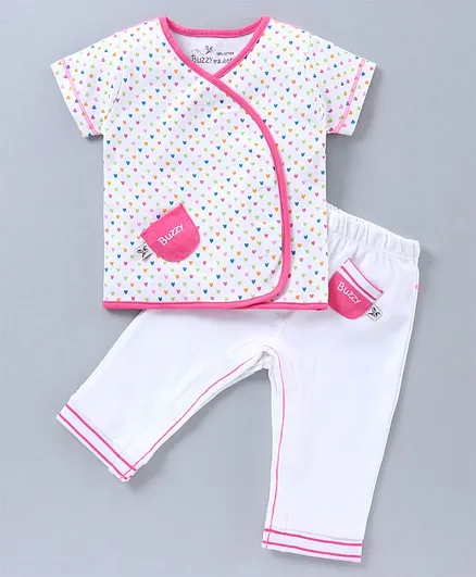 Buzzy Short Sleeve Wrap Heart Print Top With Pant - Pink