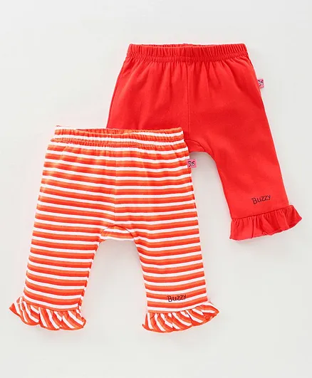 Buzzy Pack Of 2 Full Length Solid & Striped Leggings - Orange & Red
