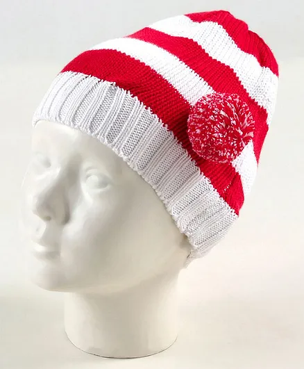 Buzzy Striped Cap With Pom Pom - Red
