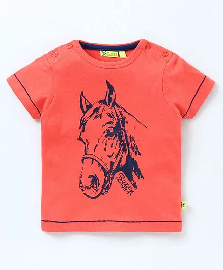 Buzzy Half Sleeves Horse Print Tee - Peach