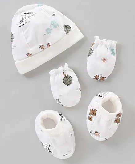 Buzzy Animal Print Cap With Mittens & Booties - White