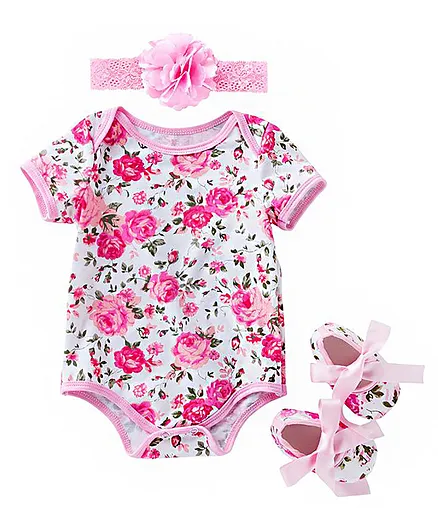 MOMISY Short Sleeves Onsie Floral Print - White Pink