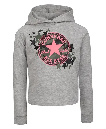 Converse Full Sleeves Brand Name Printed Cropped Hoodie - Light Grey