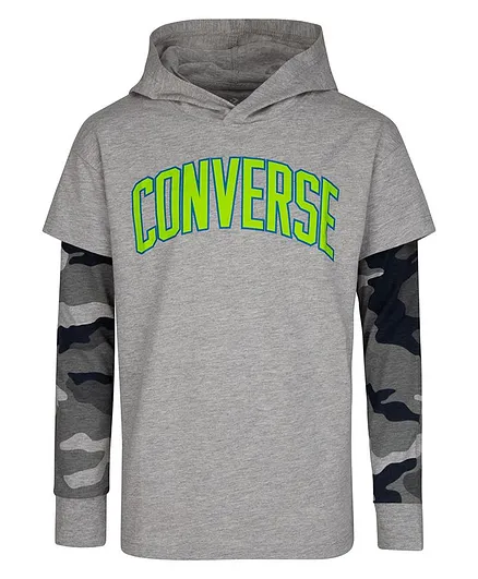 Converse Hooded Full Sleeves Text Print Tee - Grey