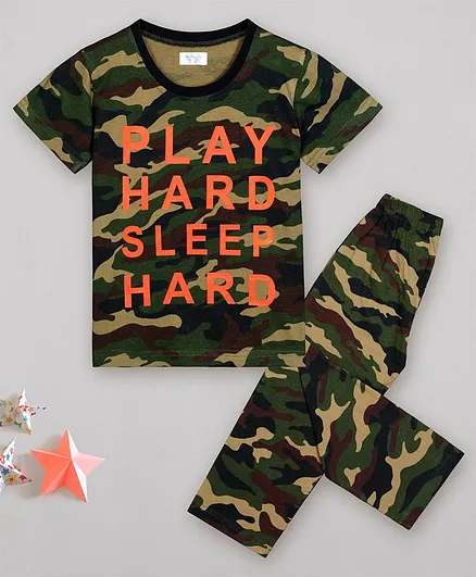 Sheer Love Half Sleeves Camouflage Print Night Suit - Green