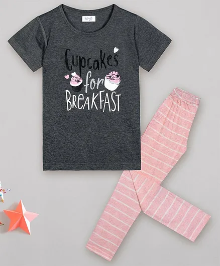 Sheer Love Cup Cakes For Breakfast Printed Short Sleeves Half Sleeves Night Suit - Grey Pink