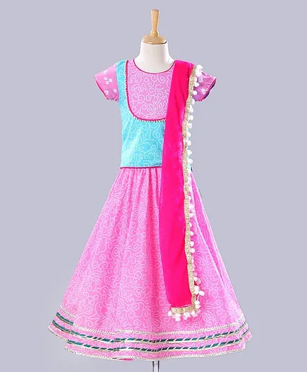 Kids Chakra Geometric Short Sleeves Choli With Dupatta & Lehenga Set - Pink