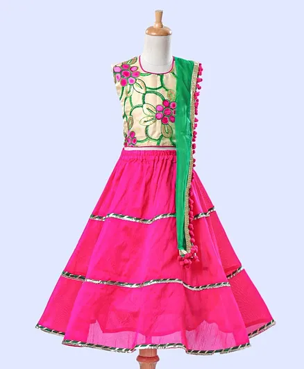 Kids Chakra Flower Print Sleeveless Choli With Dupatta & Lehenga Set - Pink