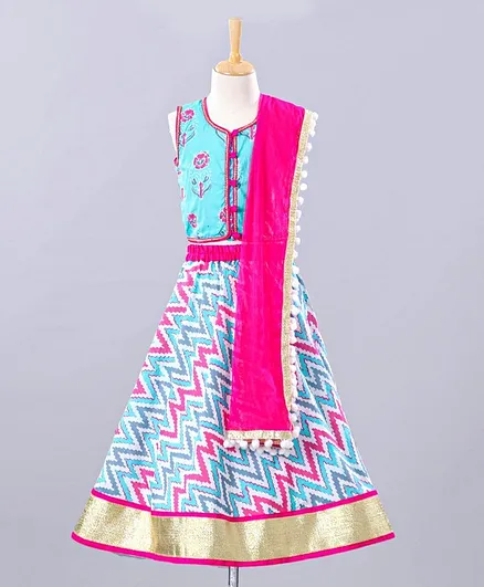 Kids Chakra Flower Print Sleeveless Choli With Dupatta & Chevron Lehenga Set - Blue Pink
