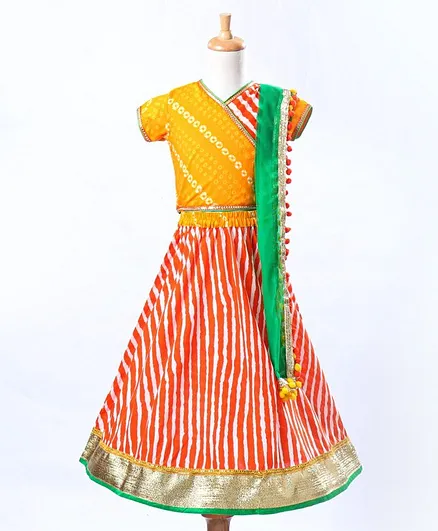 Kids Chakra Short Sleeves Choli With Pom Pom Dupatta & Striped Lehenga Set - Orange Yellow