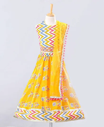 Kids Chakra Chevron Sleeveless Choli With Dupatta & Lehenga Set - Mustard