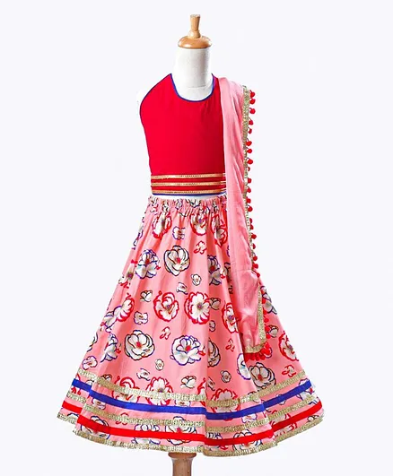 Kids Chakra Sleeveless Choli With Floral Print Lehenga & Dupatta - Peach