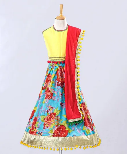Kids Chakra Sleeveless Choli With Flower Print Lehenga & Dupatta - Blue