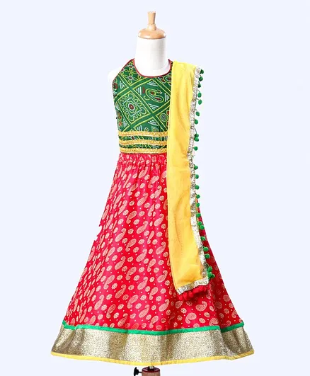 Kids Chakra Sleeveless Bandhani Choli With Lehenga & Dupatta - Green