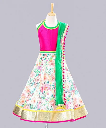 Kids Chakra Sleeveless Choli With Floral Print Lehenga & Dupatta - Pink