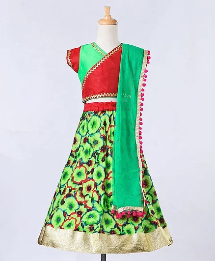 Kids Chakra Short Sleeves Choli With Flower Print Lehenga & Dupatta - Green