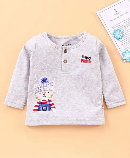 Bodycare Full Sleeves Henley Tee Teddy Embroidery - Grey