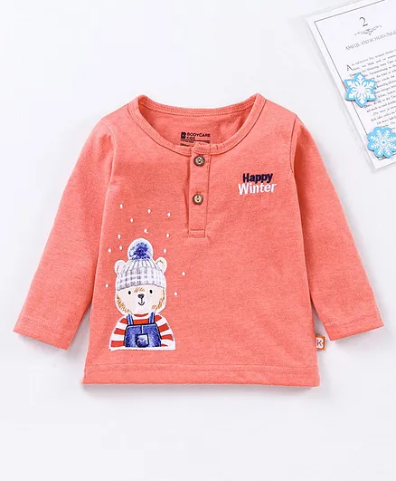 Bodycare Full Sleeves Henley Tee Teddy Embroidery - Orange
