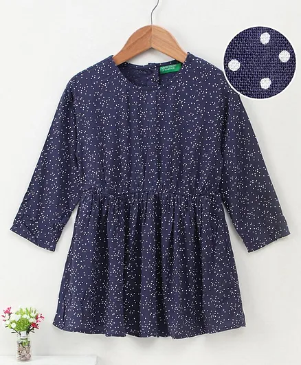 UCB Full Sleeves Frock with Polka Dot Print - Navy Blue