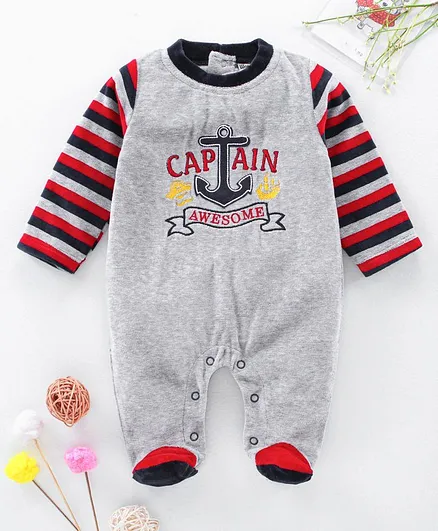 Wonderchild Full Sleeves Captain Embroidery Velour Romper - Grey