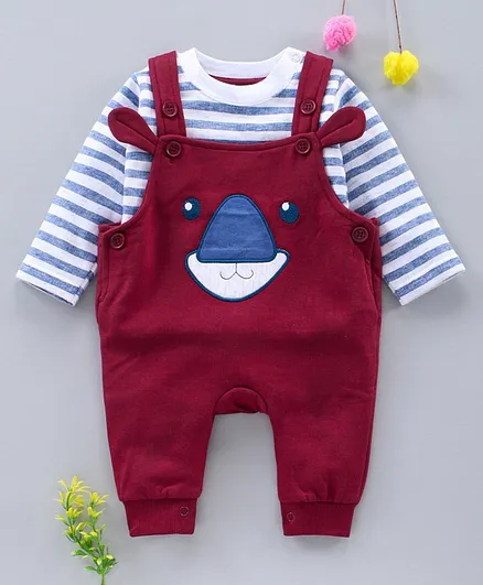 Wonderchild Full Sleeves Tee With Animal Patch Romper - Maroon