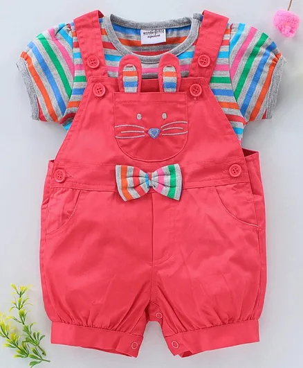 Wonderchild Short Sleeves Striped Tee With Dungaree - Red