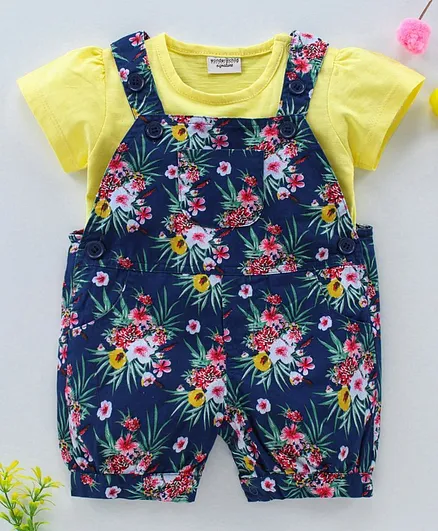 Wonderchild Short Sleeves Tee With Floral Print Dungaree - Lemon Yellow
