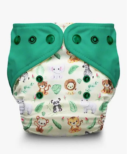 A Toddler Thing Jungle Safari Print Organic Cotton Cover Diaper With 2 Inserts - Multicolour