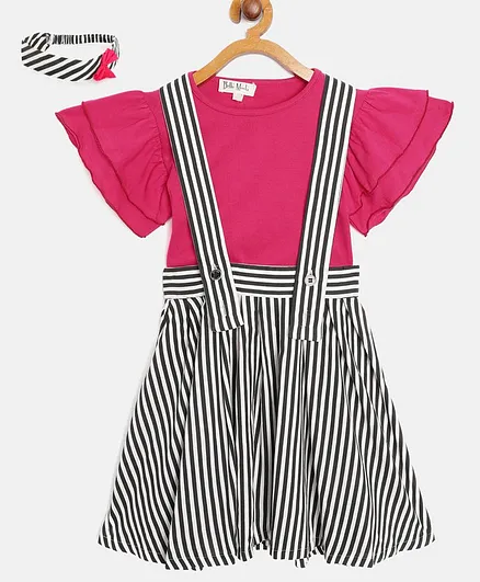 Bella Moda Short Sleeves Top With Striped Suspender Skirt & Headband - Pink