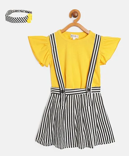 Bella Moda Short Sleeves Top With Striped Suspender Skirt & Headband - Yellow