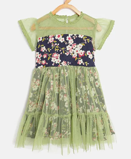 Bella Moda Short Sleeves Floral Print Fit & Flair Dress - Navy Blue