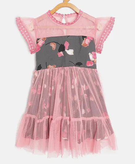 Bella Moda Short Sleeves Floral Print Fit & Flair Dress - Black & Pink