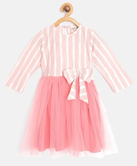 Bella Moda Full Sleeves Fit & Flared Striped Dress - Pink