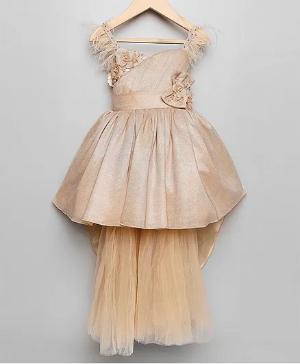 oui oui Sleeveless Flower Embellished Tail Cut Dress - Golden