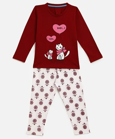 KIDSCRAFT Full Sleeves Cat Print Night Suit - Red