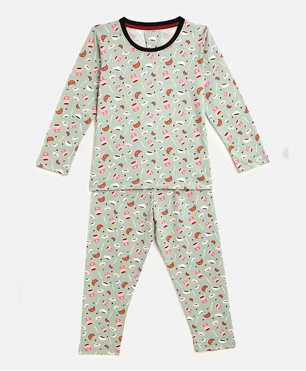 KIDSCRAFT Sea Green Cotton Fabric Food Print Boys Nightsuit - Sea Green