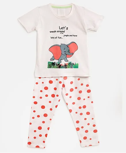 KIDSCRAFT Half Sleeves Elephant Print Girls Nightsuit - White