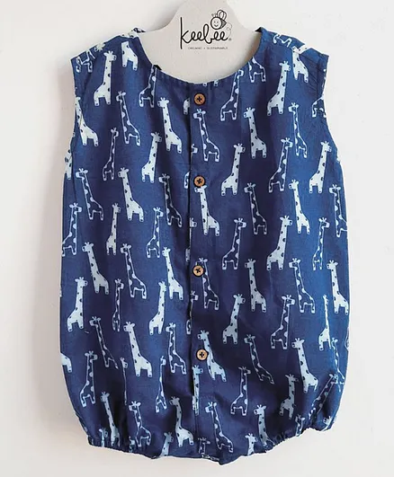 Keebee Organic Cotton Sleeveless Giraffe Print Romper - Blue
