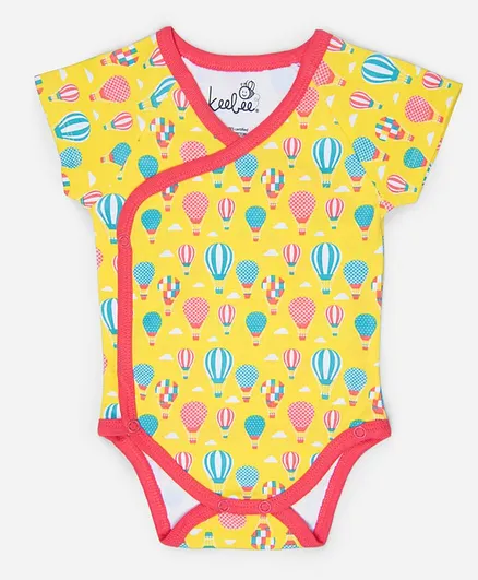 Keebee Organic Cotton Cap Sleeves Hot Air Balloon Print Onesie -Yellow Blue