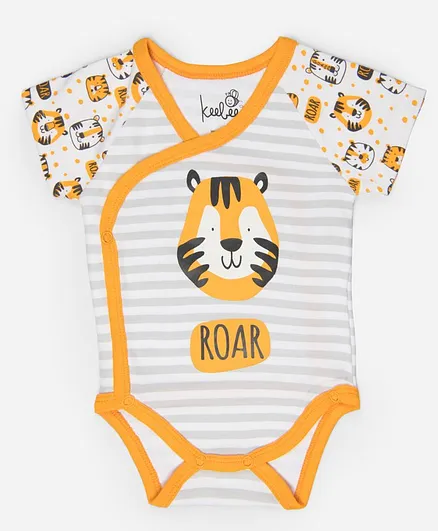 Keebee Organic Cotton Cap Sleeves Tiger Print Onesie - Orange White