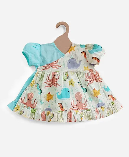 Keebee Organic Short Puff Sleeves Sea Animals Printed Dress - Light Blue