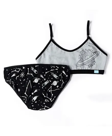 Plan B Sleeveless Space Theme Bra & Panty Set - Grey & Black